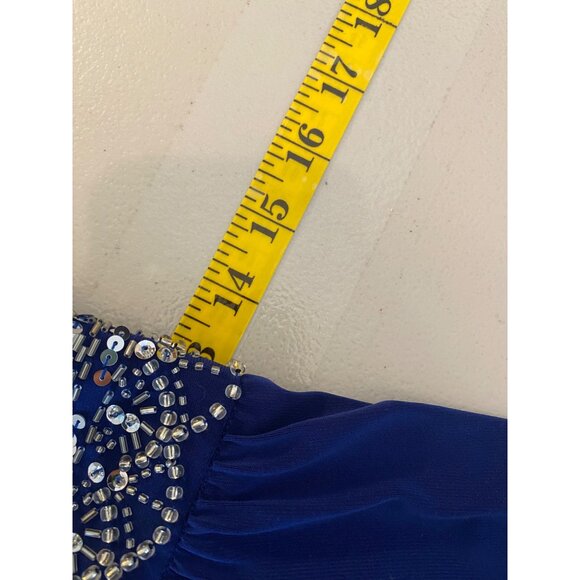 R&M Richards Formal Maxi Dress Gown Blue Sleeveless Beaded Waist Keyhole Neck 6 - Picture 12 of 15